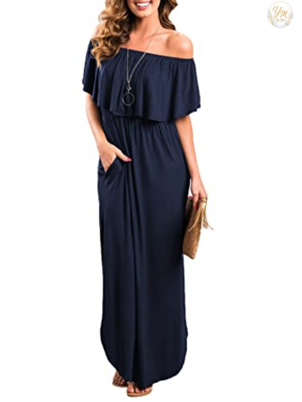 Off Shoulder Ruffle Maxi Dress with Pockets Side Slit Casual Beach